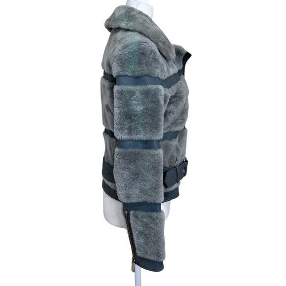 Reiss Ellie Anthracite Leather Shearling Jacket Belt Zipper Detail Gray Size XS - Picture 2 of 8